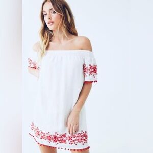 Forever 21 Bohemian Off the Shoulders Midi Dress Red Embroidery Sz-2X